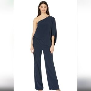 HALSTON Heritage One Shoulder Wide Leg Jumpsuit, Navy Size 2